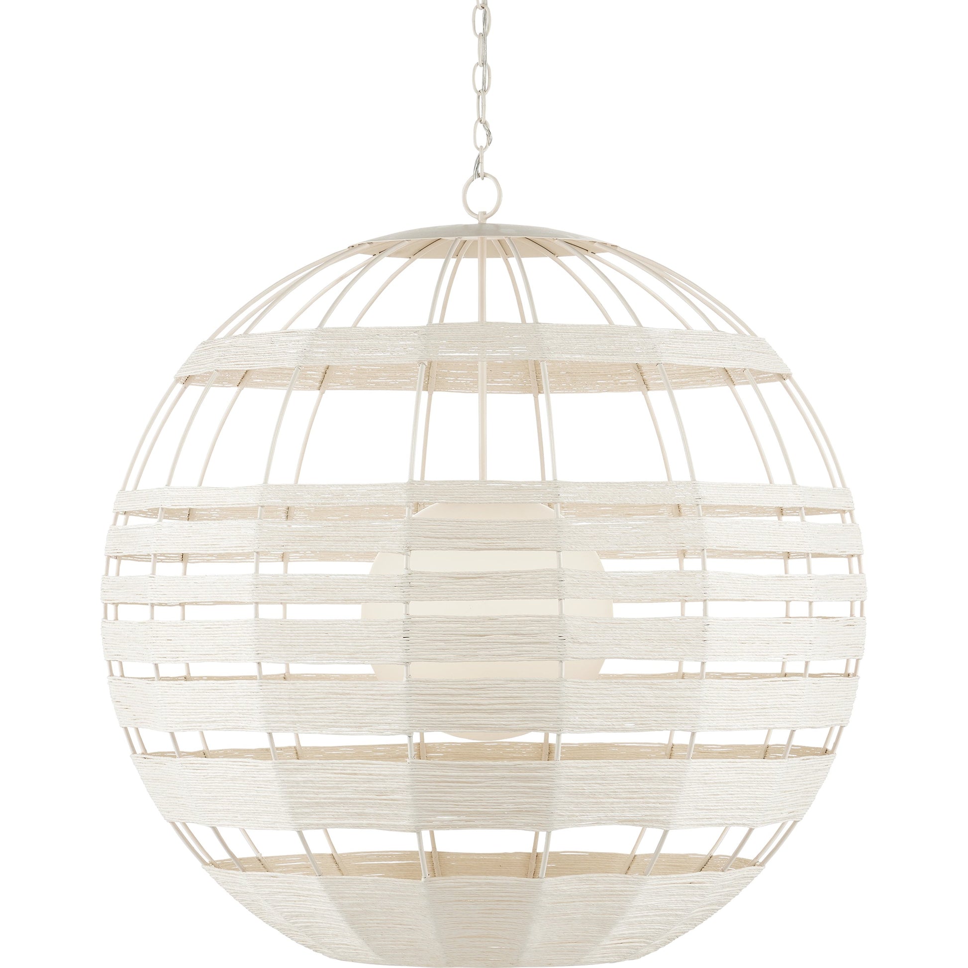 Lapsley Orb Chandelier by Currey and Company in vanilla, white. Made from wrought iron, kraft paper twine, frosted glass in a modern style.