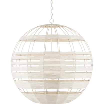 Lapsley Orb Chandelier by Currey and Company in vanilla, white. Made from wrought iron, kraft paper twine, frosted glass in a modern style.