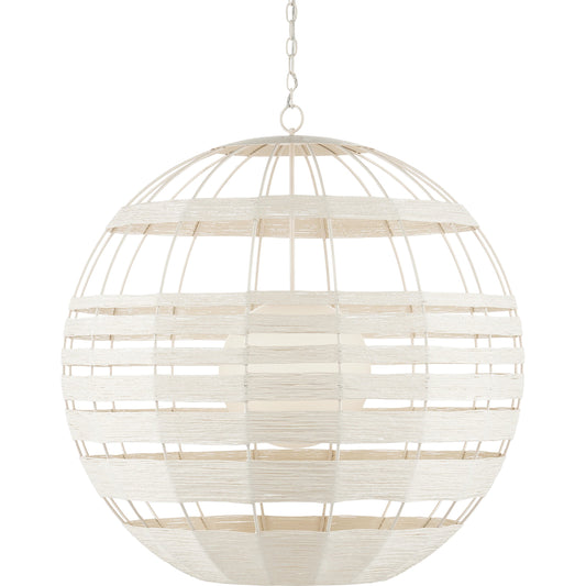 Lapsley Orb Chandelier by Currey and Company in vanilla, white. Made from wrought iron, kraft paper twine, frosted glass in a modern style.