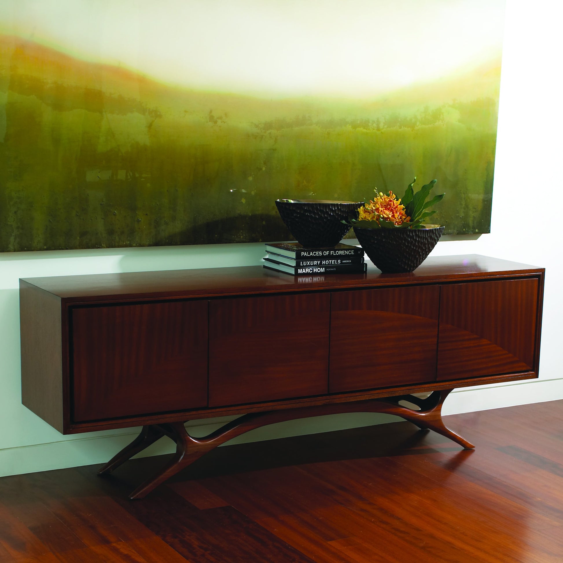 Swoop Media Cabinet by Global Views in dark walnut, satin lacquer, mahogany. Made from solid marapolan, mahogany, mdf in a modern style.