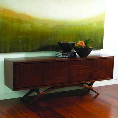 Swoop Media Cabinet by Global Views in dark walnut, satin lacquer, mahogany. Made from solid marapolan, mahogany, mdf in a modern style.