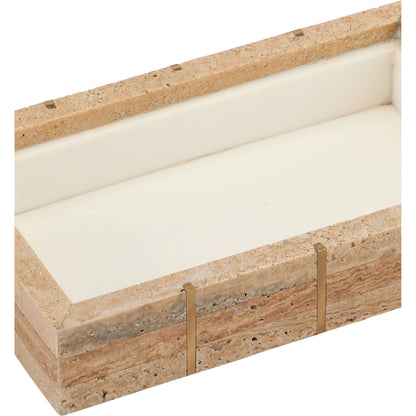 Dezi Box by Currey and Company in natural, brass, off-white. Made from travertine, brass, composite in a transitional style.