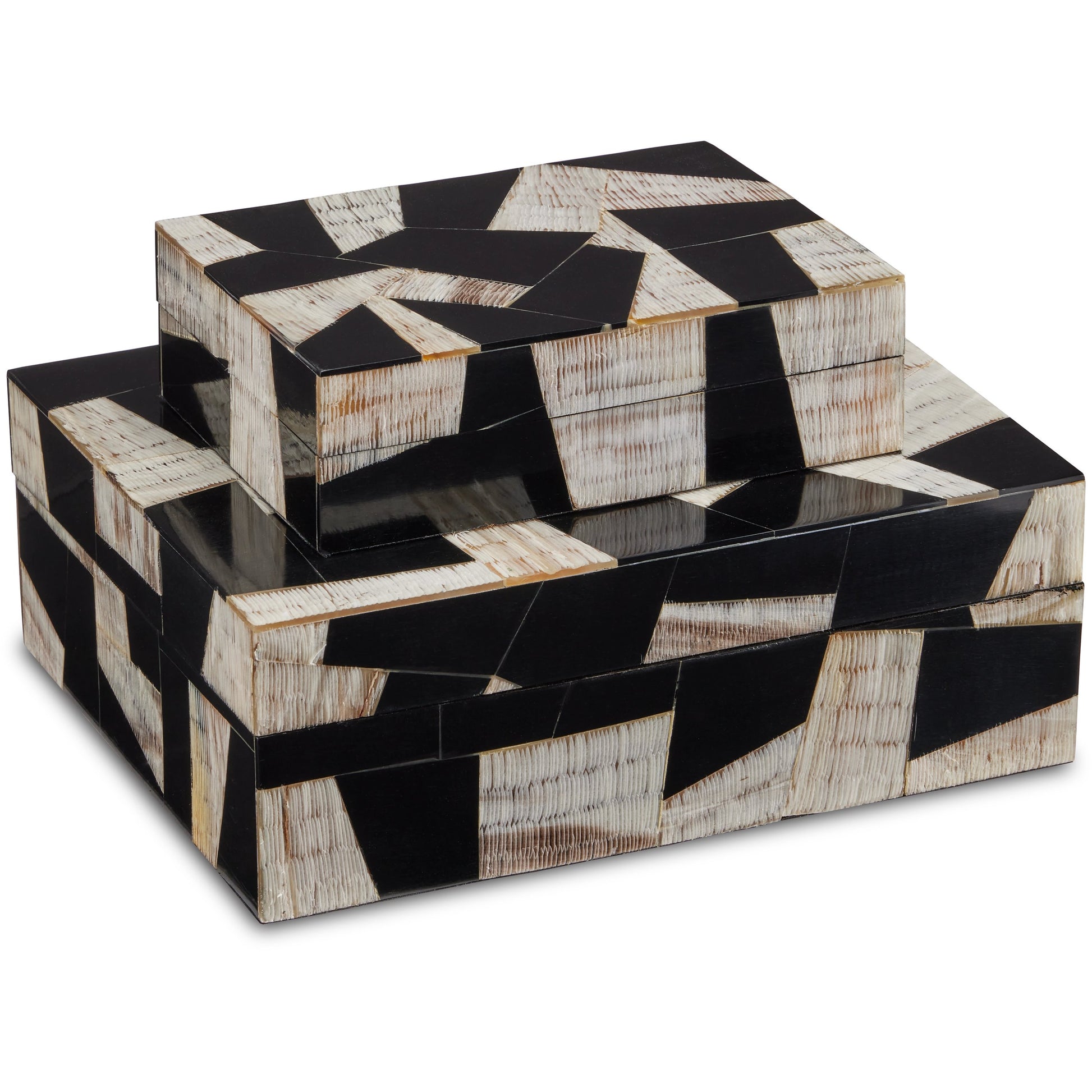 Bindu Box Set by Currey and Company in natural, black, linen. Made from chiseled horn, composite, linen, engineered hardwood in a modern style.