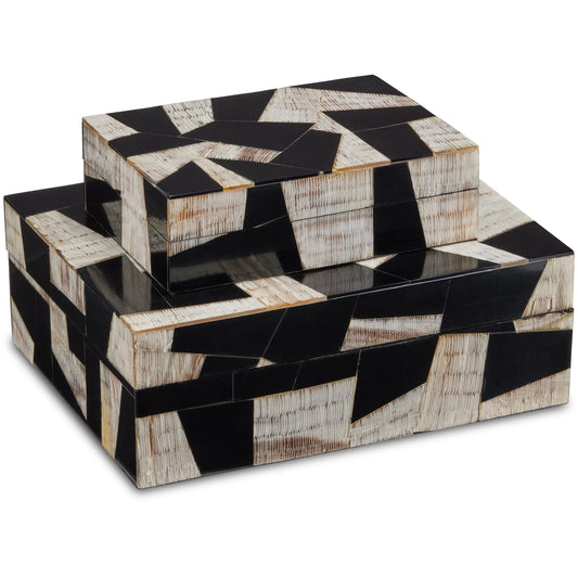 Bindu Box Set by Currey and Company in natural, black, linen. Made from chiseled horn, composite, linen, engineered hardwood in a modern style.