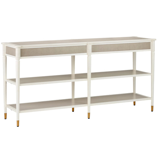 Aster Console Table by Currey and Company in off white, fog, polished brass. Made from mahogany, oak, brass in a modern style.