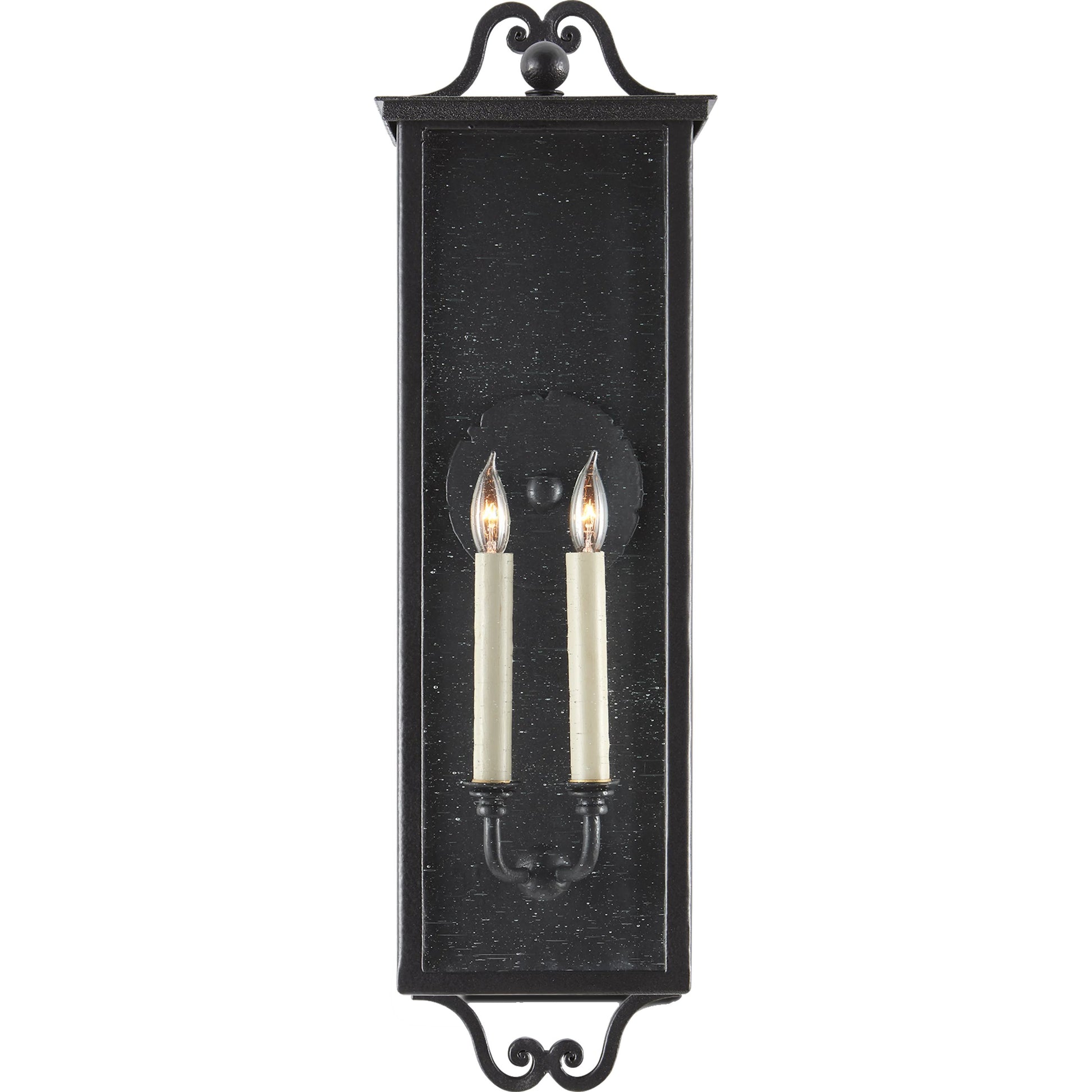 Giatti Outdoor Wall Sconce by Currey and Company in midnight (pure black). Made from wrought iron, glass in a traditional style.