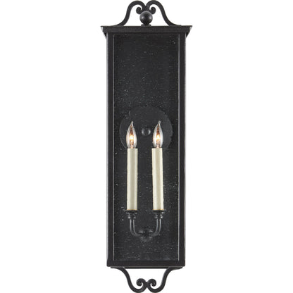 Giatti Outdoor Wall Sconce by Currey and Company in midnight (pure black). Made from wrought iron, glass in a traditional style.