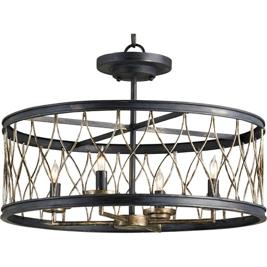 Crisscross Pendant/Semi-Flush by Currey and Company in french black, pyrite bronze. Made from wrought iron in a transitional style.
