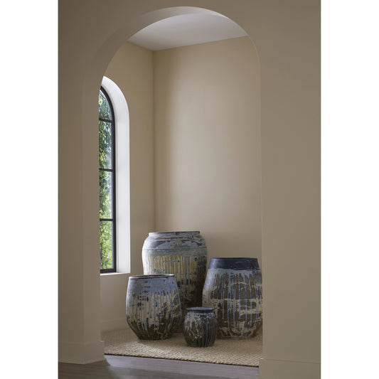 Sicilia Antique Blue Drip Planter by Currey and Company. Made from terracotta in a modern style.