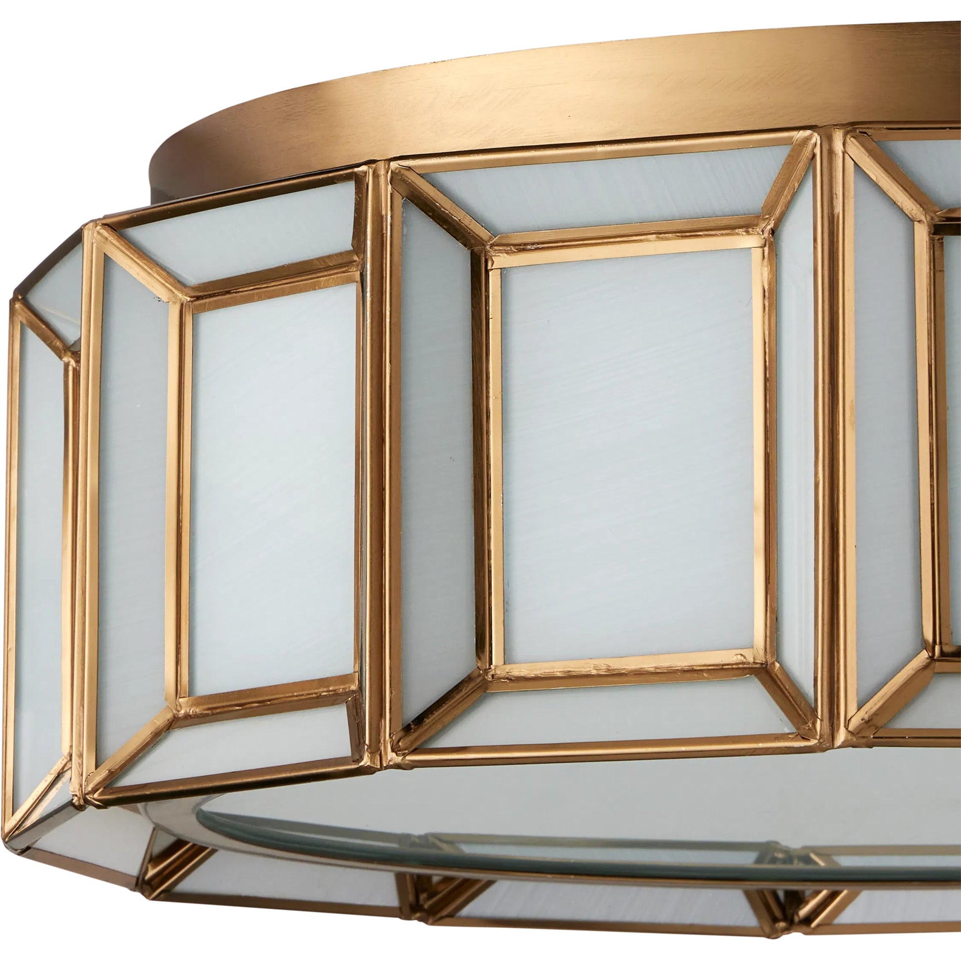 Daze Flush Mount by Currey and Company in antique brass, white. Made from brass, hand-painted glass, metal in a traditional style.