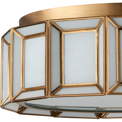 Daze Flush Mount by Currey and Company in antique brass, white. Made from brass, hand-painted glass, metal in a traditional style.