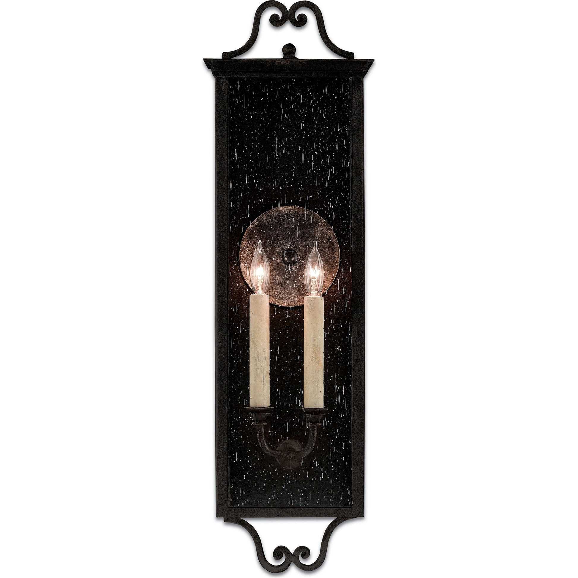 Giatti Outdoor Wall Sconce by Currey and Company in midnight (pure black). Made from wrought iron, glass in a traditional style.