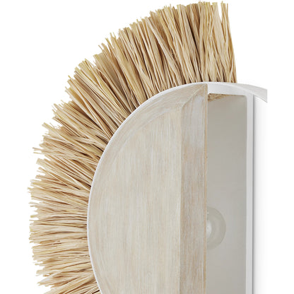 Seychelles Wall Sconce by Currey and Company in sugar white, sandstone, natural. Made from wrought iron, wood, raffia in a coastal style.