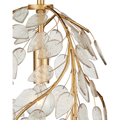 Banyan Pendant by Currey and Company in antique brass, clear. Made from brass, metal, glass in a modern style.