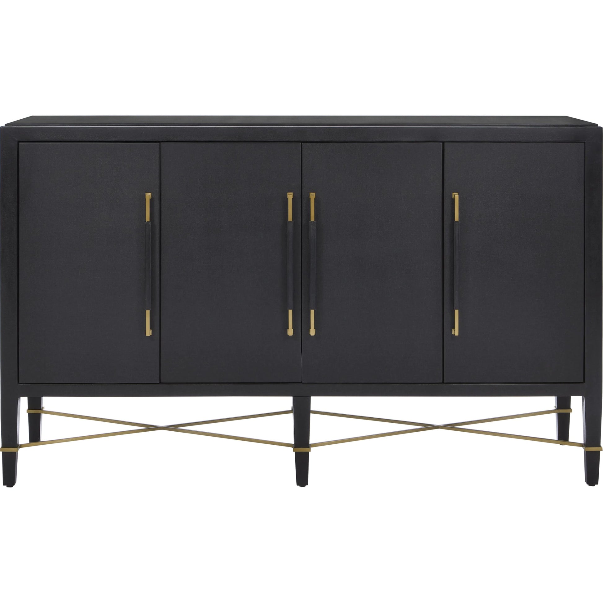 Verona Sideboard by Currey and Company in black lacquered linen, champagne stretchers, linen wrapped cha. Made from solid wood, engineered hardwood in a transitional style.