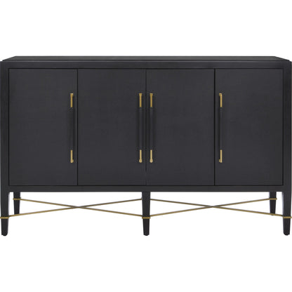 Verona Sideboard by Currey and Company in black lacquered linen, champagne stretchers, linen wrapped cha. Made from solid wood, engineered hardwood in a transitional style.