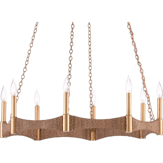 Mallorca Chandelier by Currey and Company in natural, dark contemporary gold leaf. Made from abaca rope, wrought iron in a modern style.