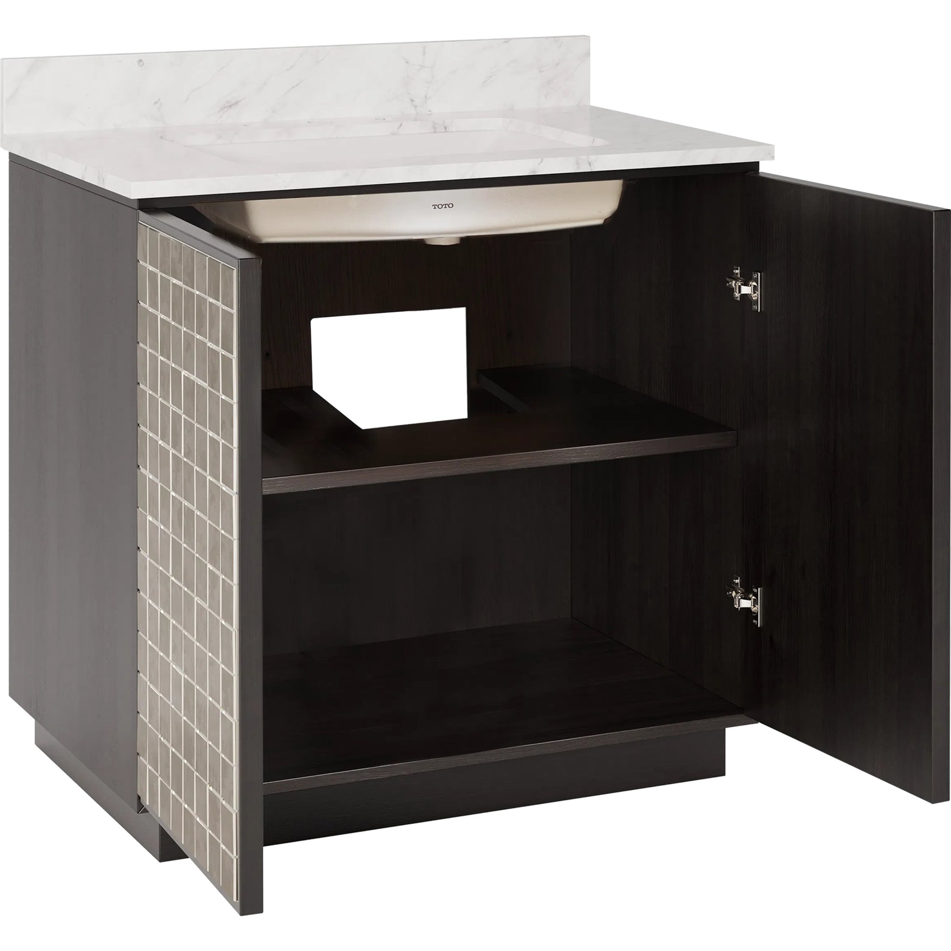Mosaico 36" Vanity with Undermount Sink by Currey and Company in ebony, natural, white, antique mirror. Made from mango wood, carrara marble, vitreous china, glass in a unique style.