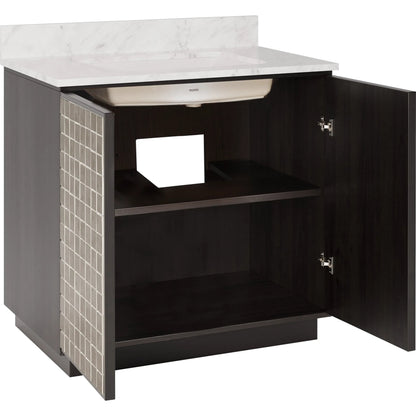 Mosaico 36" Vanity with Undermount Sink by Currey and Company in ebony, natural, white, antique mirror. Made from mango wood, carrara marble, vitreous china, glass in a unique style.