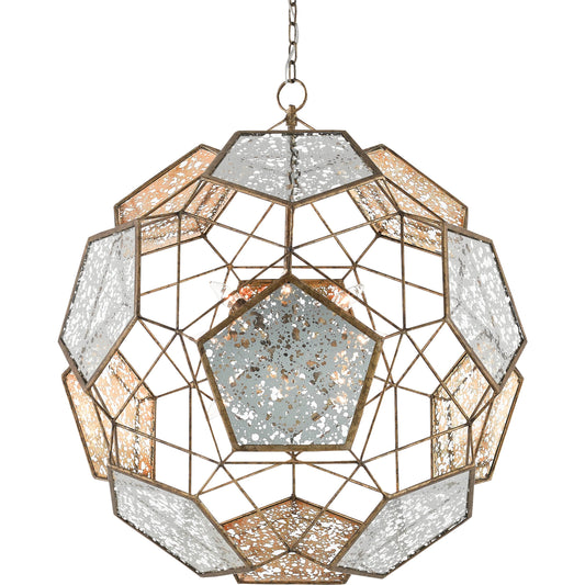 Julius Orb Chandelier by Currey and Company in pyrite bronze, raj mirror. Made from wrought iron, glass in a modern style.