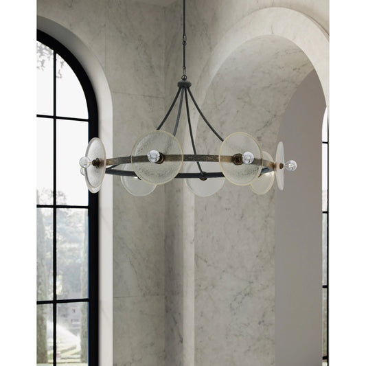 Circumstellar Disc Chandelier by Currey and Company in black iron, clear. Made from wrought iron, recycled glass in a modern style.