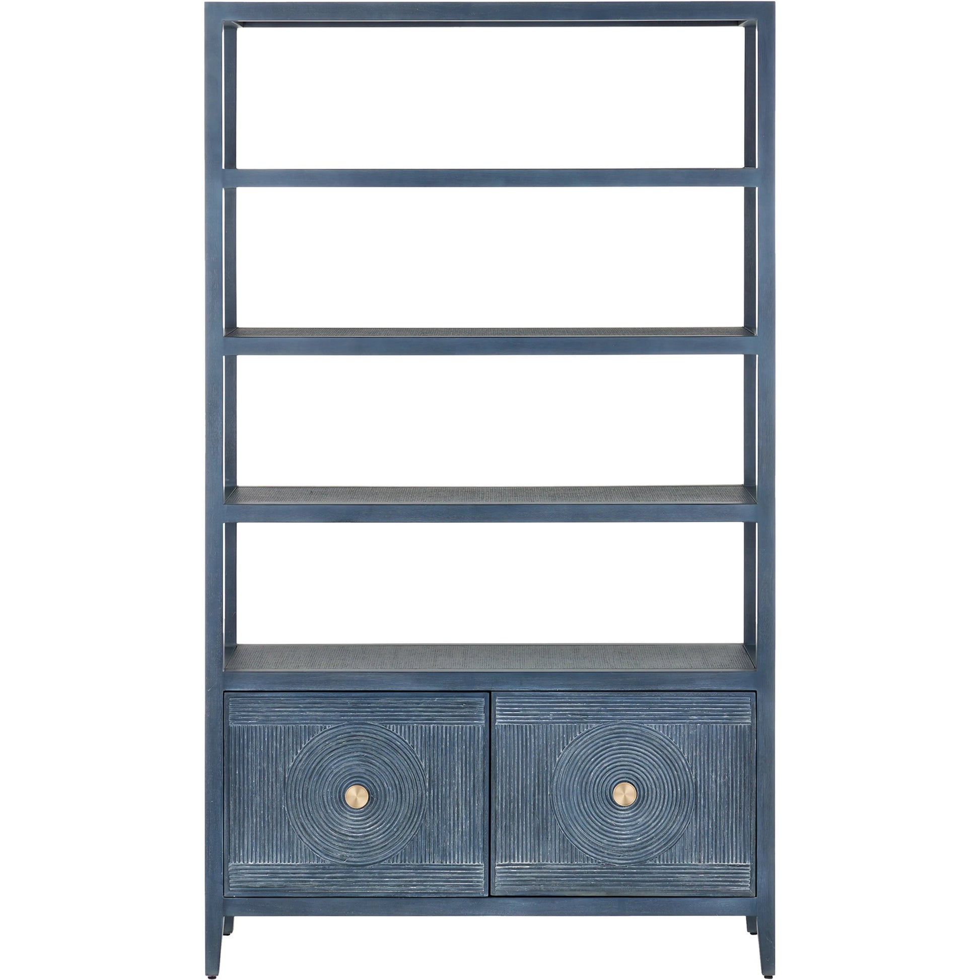 Santos Storage Etagere by Currey and Company in vintage navy, brushed brass. Made from rattan, mahogany, grasscloth, brass in a transitional style.