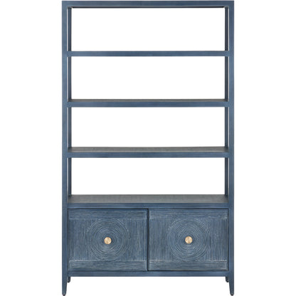 Santos Storage Etagere by Currey and Company in vintage navy, brushed brass. Made from rattan, mahogany, grasscloth, brass in a transitional style.