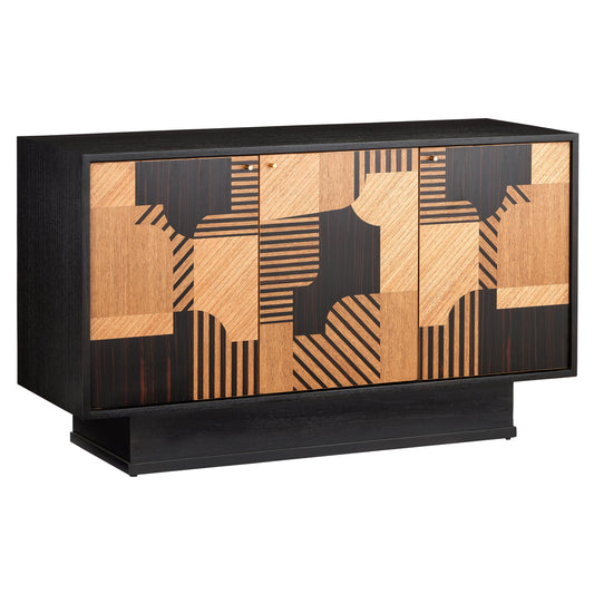Memphis Cabinet by Currey and Company in natural, espresso, polished brass. Made from oak, mindi, macassar ebony, mahogany, brass in a modern style.