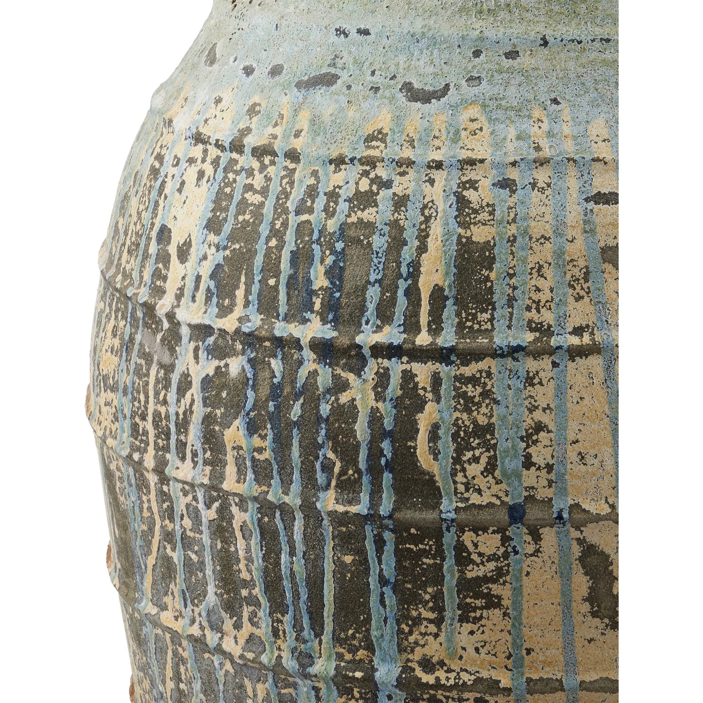 009 SI-2257255 | Closeup | Ragusa Urn by Currey and Company in antique white, blue drip. Made from terracotta in a rustic style.