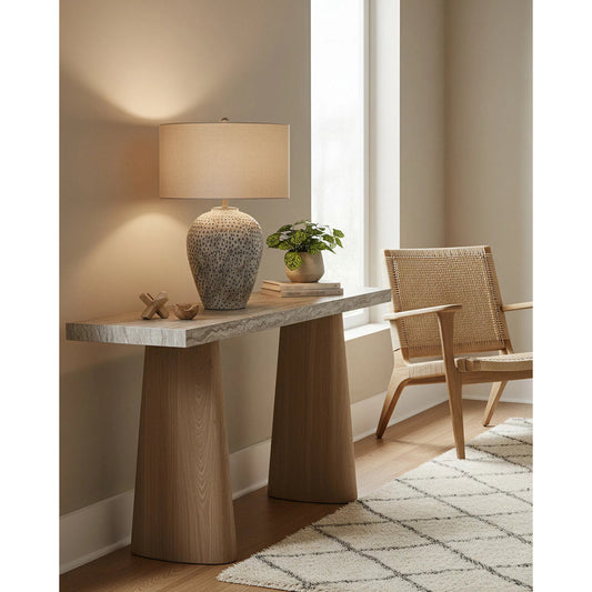 Junius Table Lamp by Currey and Company in earth gray. Made from terracotta in a modern style.