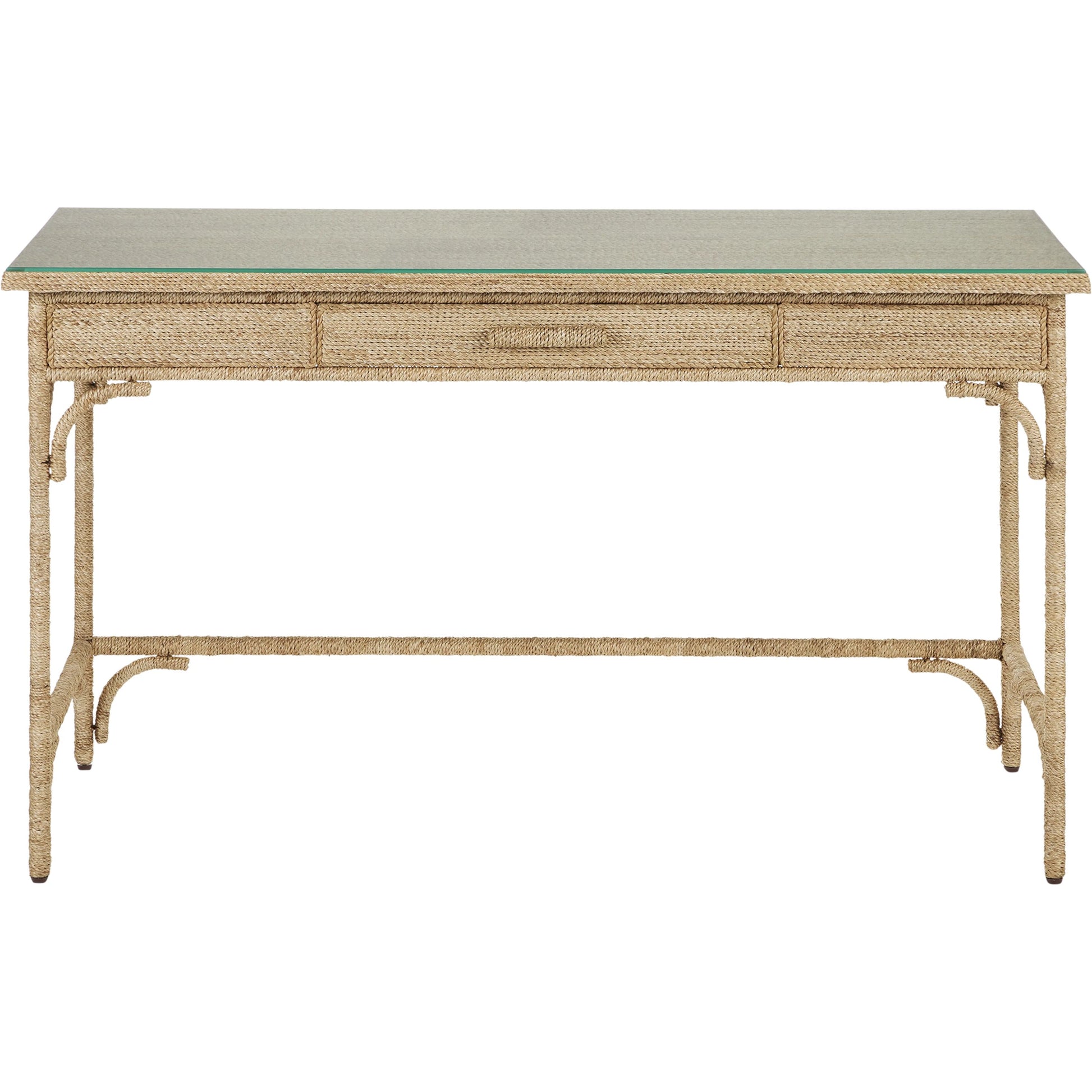 Olisa Rope Desk by Currey and Company in natural, brown carafe. Made from abaca rope, wood, wrought iron in a modern style.