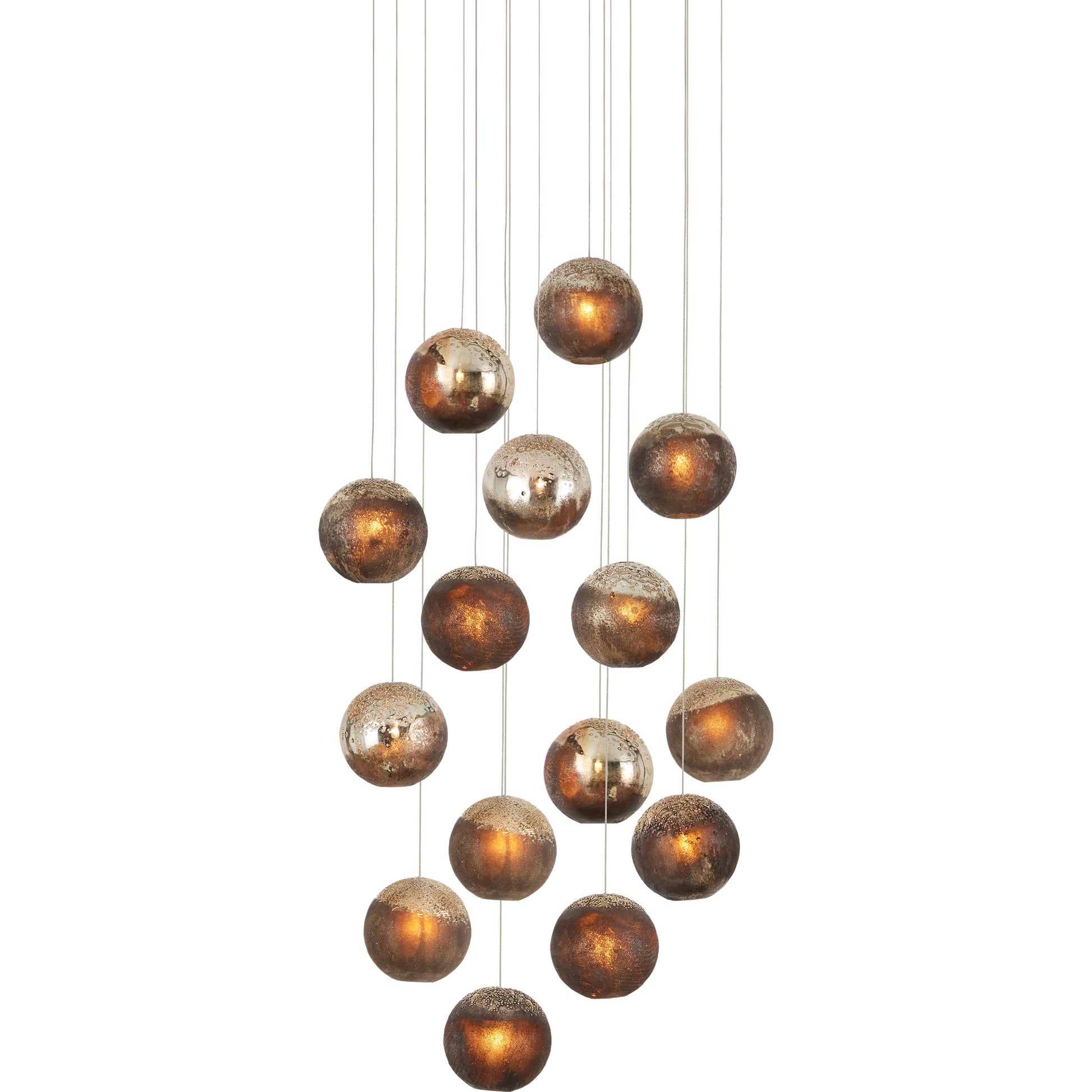 Pathos Round 15-LIGHT Multi-Drop Pendant by Currey and Company in antique silver, antique gold, matte charcoal, silver. Made from glass in a modern style.