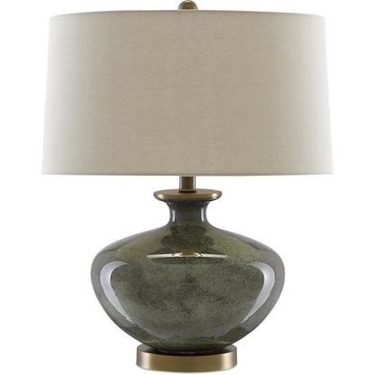 Greenlea Table Lamp by Currey and Company in dark gray, moss green, antique brass. Made from glass, metal in a transitional style.