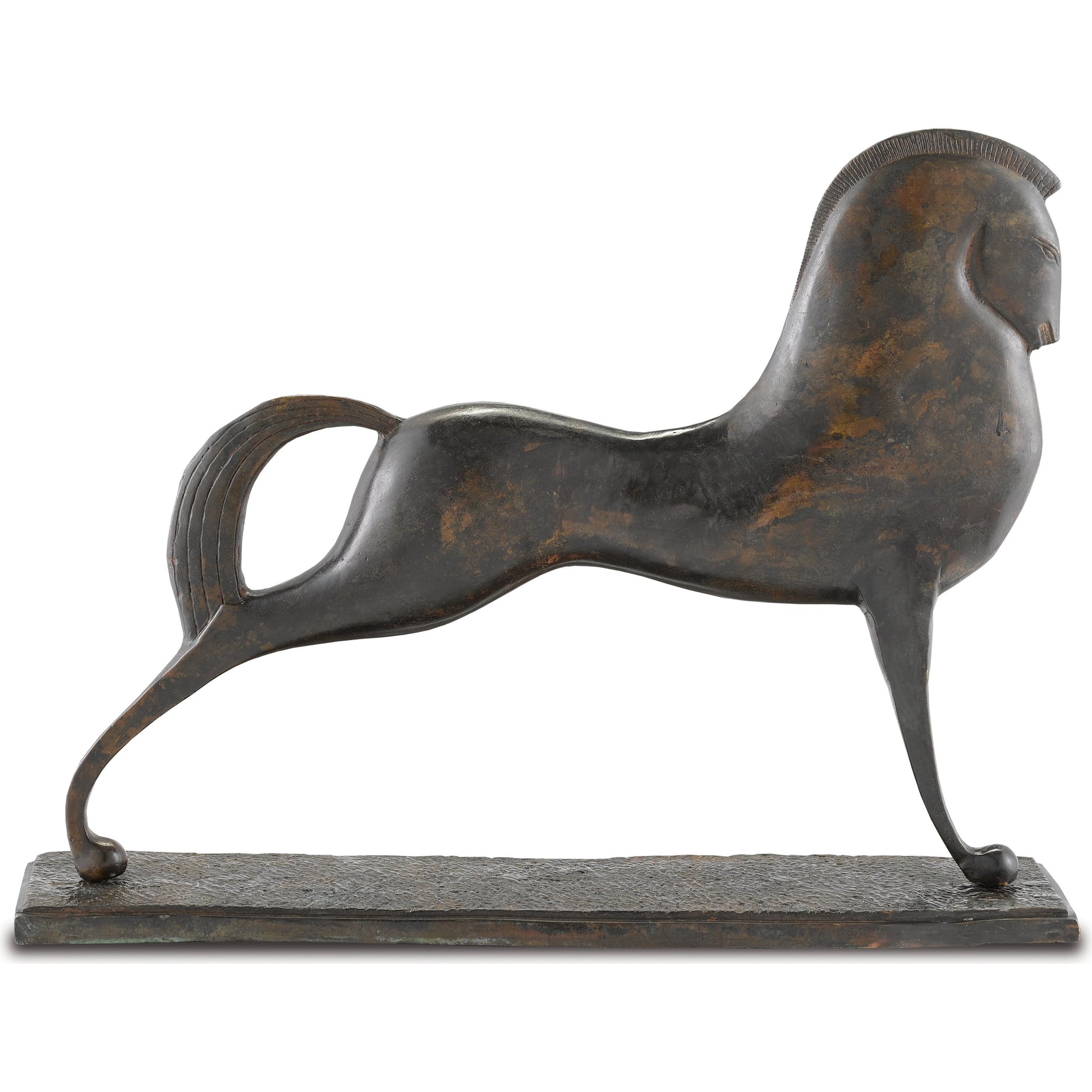Assyrian Bronze Horse by Currey and Company in bronze. Made from cast bronze in a eclectic & global style.