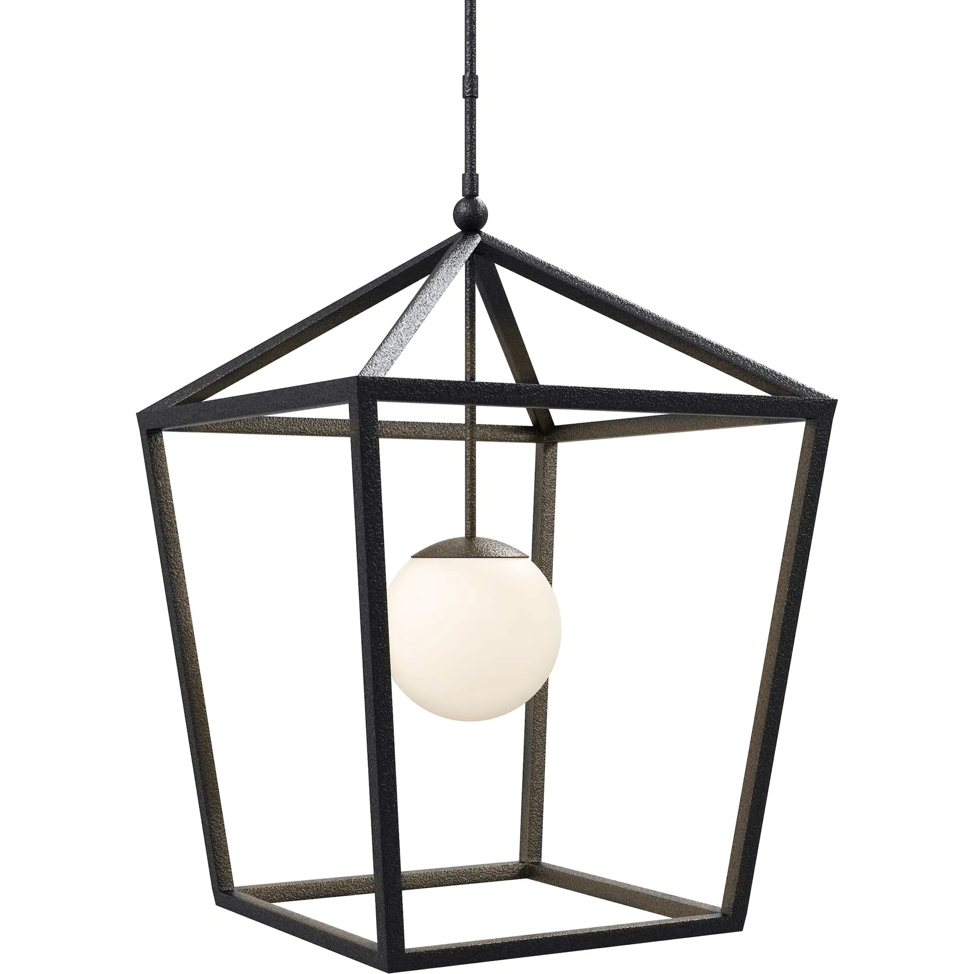 Denison Outdoor Lantern by Currey and Company in black, frosted white. Made from wrought iron, glass in a modern style.