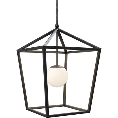 Denison Outdoor Lantern by Currey and Company in black, frosted white. Made from wrought iron, glass in a modern style.
