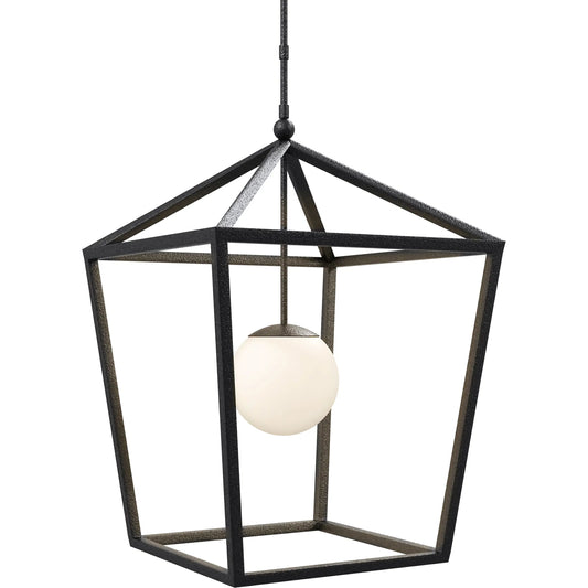Denison Outdoor Lantern by Currey and Company in black, frosted white. Made from wrought iron, glass in a unique style.