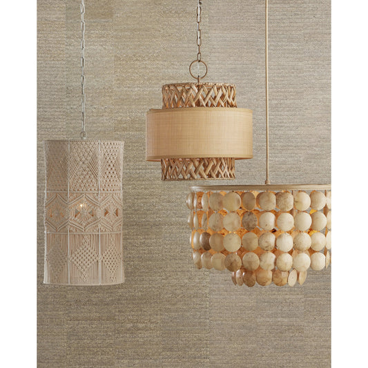 Isola Pendant by Currey and Company in khaki, natural. Made from wrought iron, grass cloth in a cottage & farmhouse style.