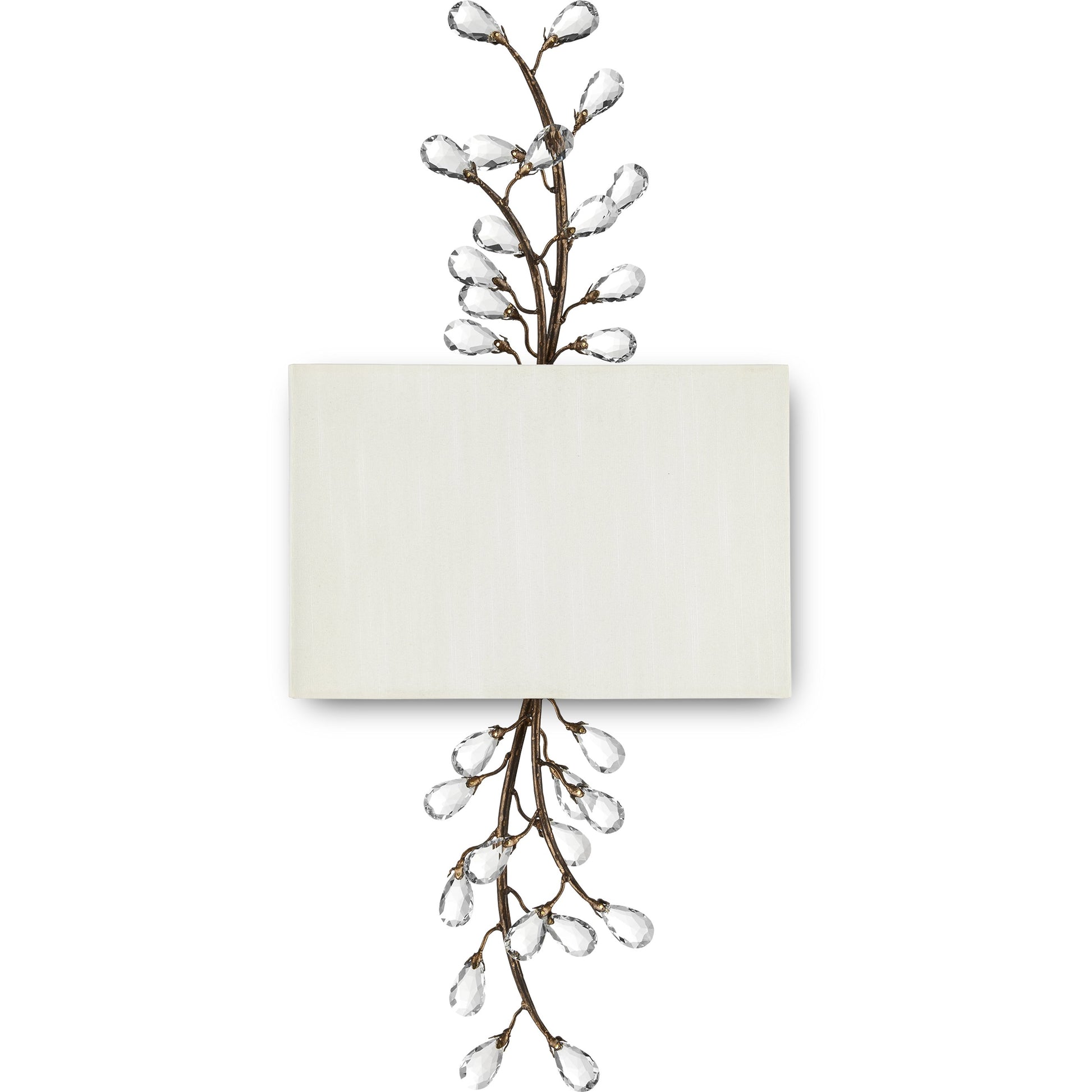 Crystal Bud Tall Wall Sconce by Currey and Company in cupertino. Made from wrought iron, crystal in a modern style.