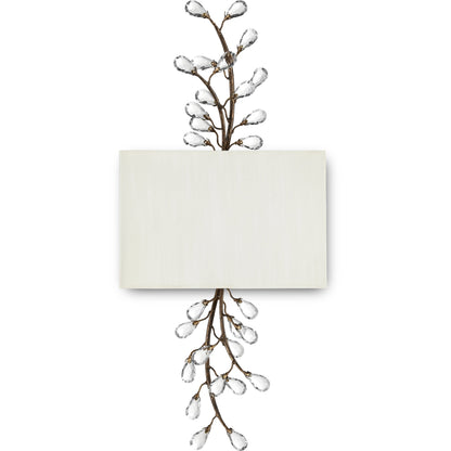 Crystal Bud Tall Wall Sconce by Currey and Company in cupertino. Made from wrought iron, crystal in a modern style.