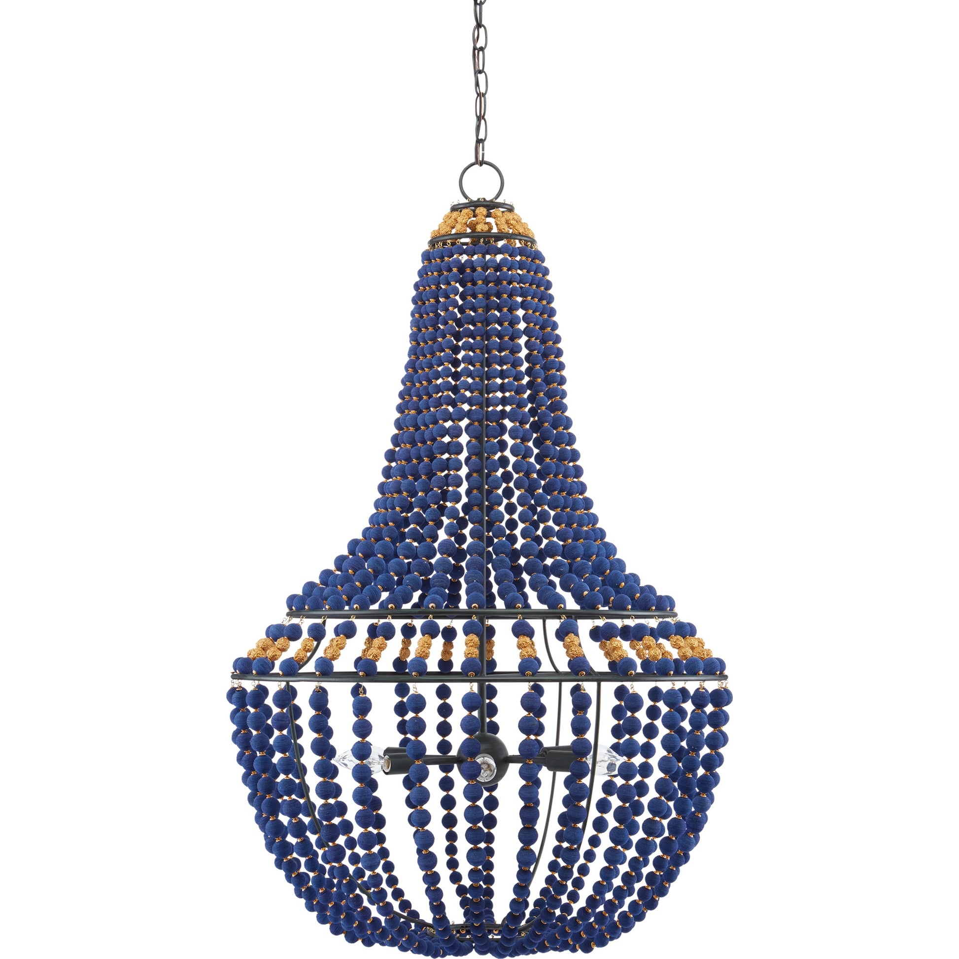 Penelope Chandelier by Currey and Company in beige, antique brass. Made from iron, fabric, brass in a coastal style.