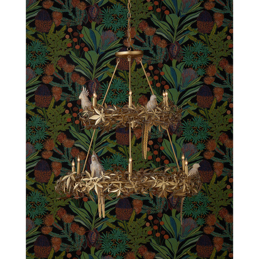 Aviary Two-Tier Chandelier by Currey and Company in swedish gold. Made from wrought iron, composite in a unique style.