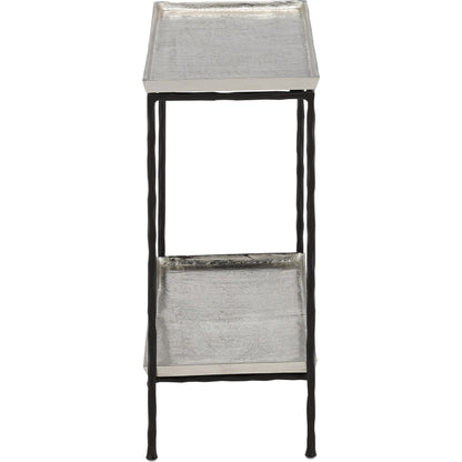 Boyles Brass Side Table by Currey and Company in antique brass, black. Made from cast aluminum, iron in a transitional style.