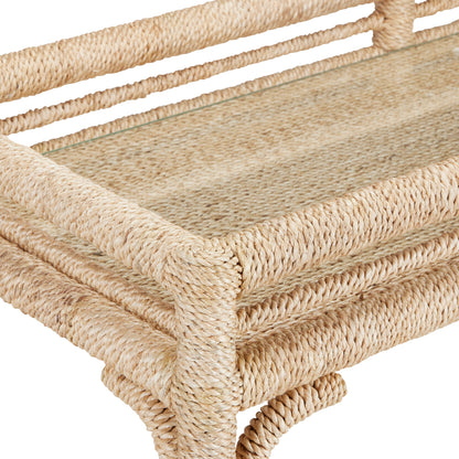 Olisa Bar Cart by Currey and Company in natural, clear. Made from abaca rope, wrought iron, glass in a coastal style.