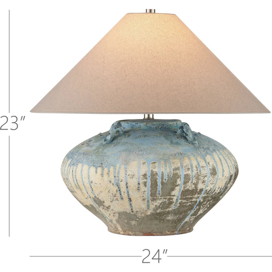 Catania Table Lamp by Currey and Company in antique blue drip. Made from terracotta in a unique style.