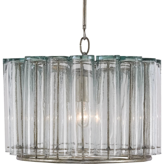 Bevilacqua Pendant by Currey and Company in silver leaf. Made from wrought iron, glass in a modern style.