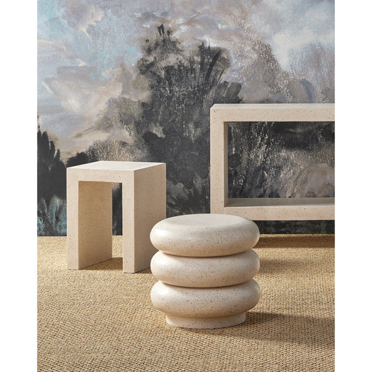 Cusani Stool by Currey and Company in ivory terrazzo. Made from concrete, stone, shell in a modern style.