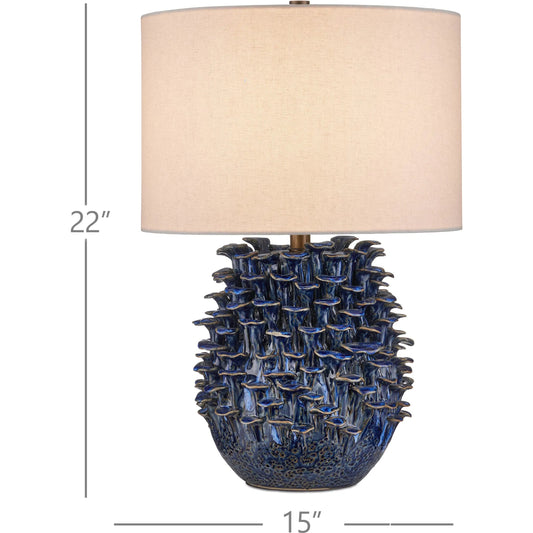 Maitake Table Lamp by Currey and Company in dark blue reactive. Made from ceramic in a unique style.