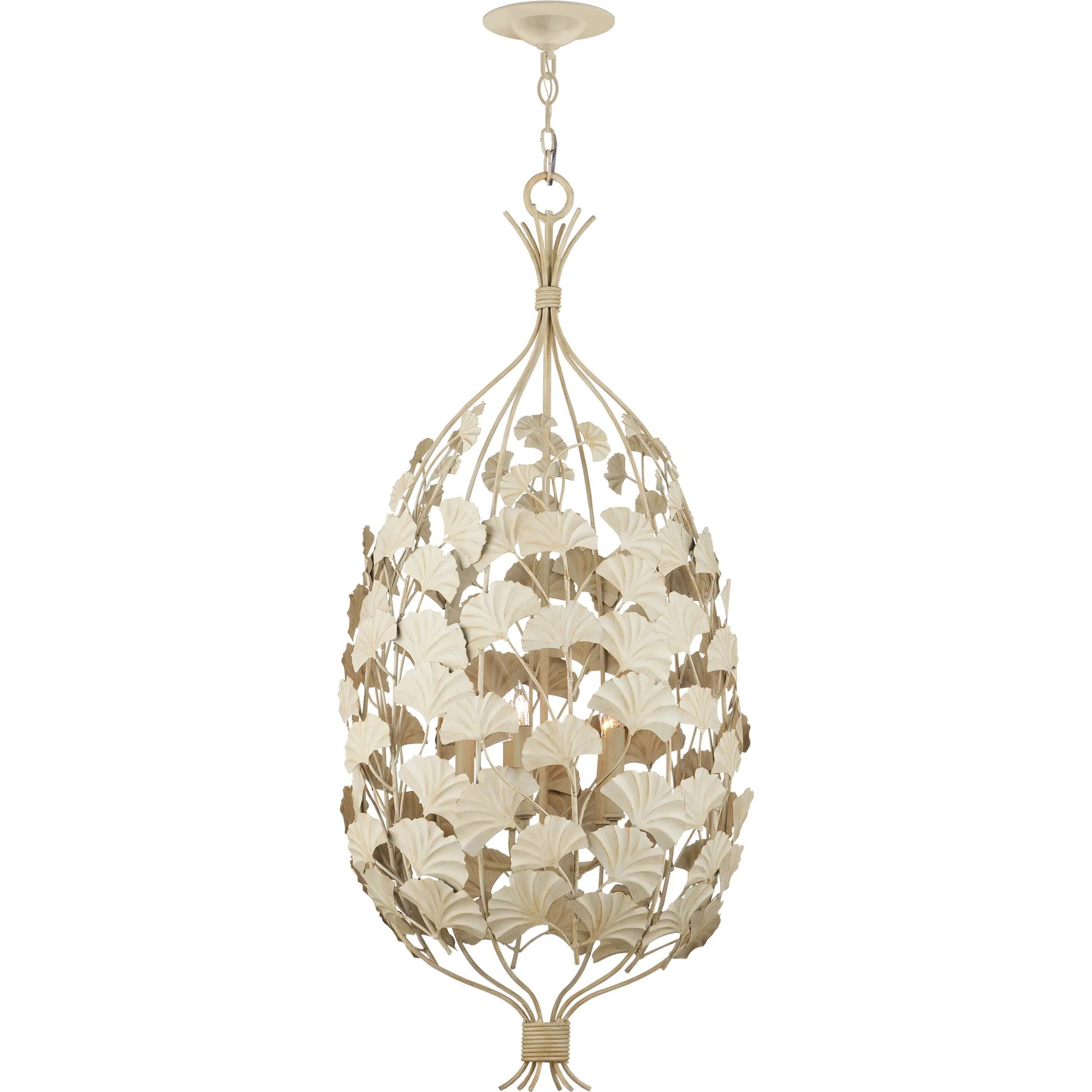 Maidenhair Cream Chandelier by Currey and Company in antique pearl. Made from wrought iron in a modern style.