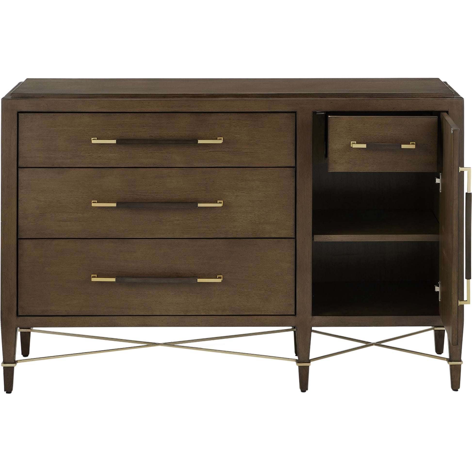 Verona Three-Drawer Chest by Currey and Company in lacquered black linen, champagne. Made from black linen, mahogany, brass, iron in a traditional style.